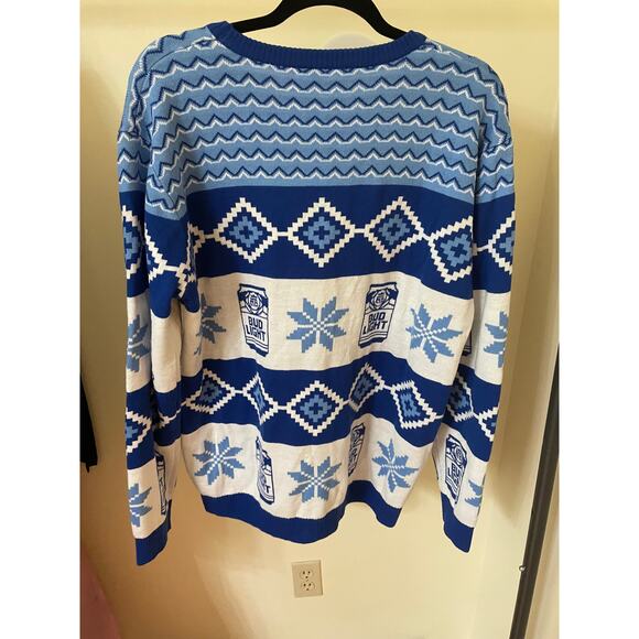 Bud Light Large Christmas Sweater Beer Cans Snowflake Blue White Scoop Neck - Picture 2 of 7
